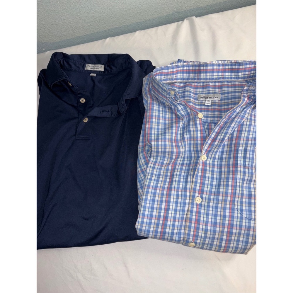 Peter Millar Mens XL Shirt Bundle Plaid Button Down & Navy Summer Comfort Polo